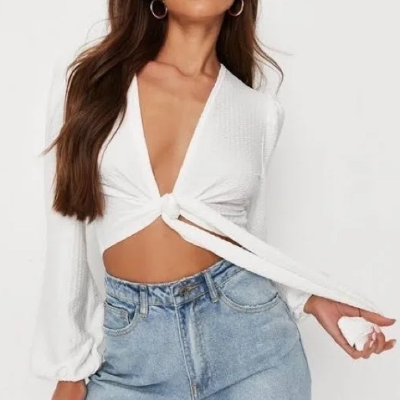 Missguided Long Puff Sleeve White Crinkle Texture Tie Crop Top Sz.6
